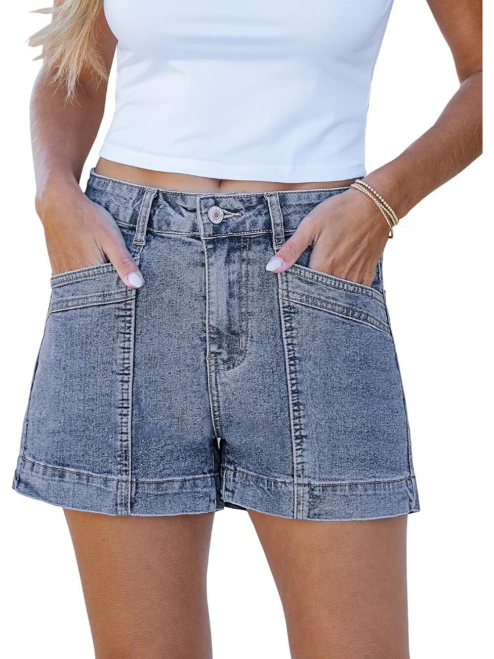 Women's Bay Blue High Waisted Stretchy Denim Jorts Stylish Shorts With Pockets